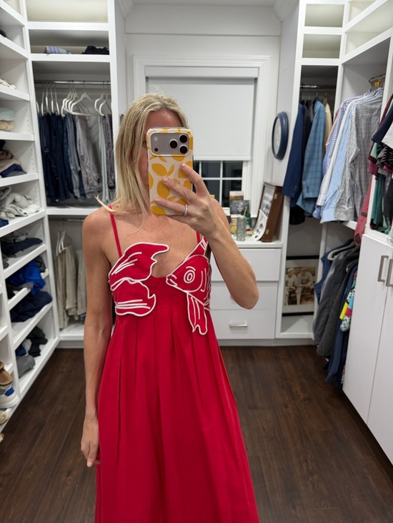 Amazon Red Maxi Dress with Fish Appliqué Accents S - Picture 2 of 4